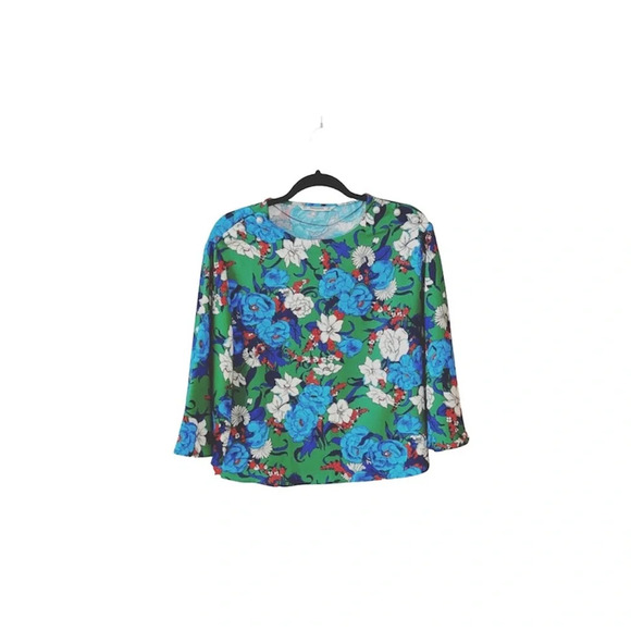 Zara Basic Green & Blue Floral Print Bell Sleeve Blouse Small Women’s - Picture 1 of 10
